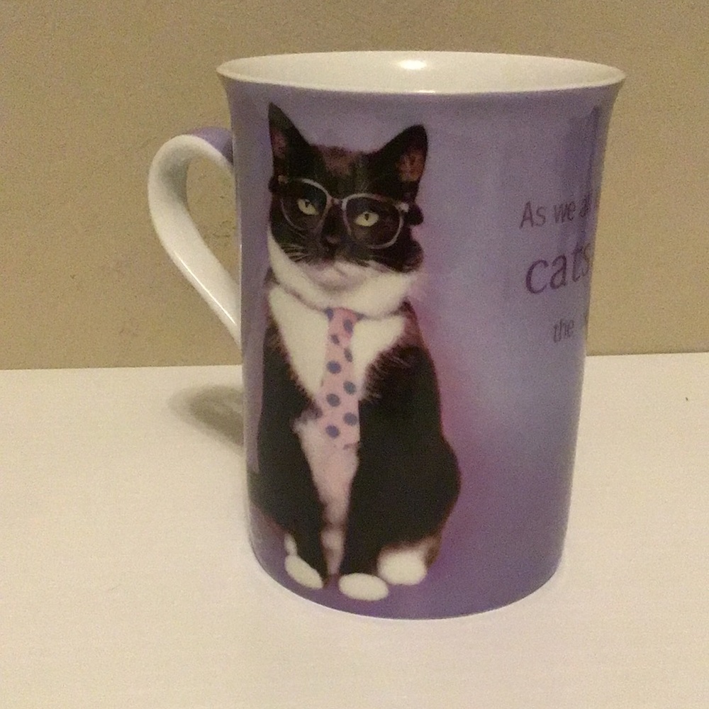 Mug Cats now rule world tuxedo cat polka dot tie lavender 2003 Rachael Hale